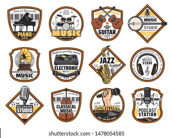 Sound recording studio label, music instruments shop and DJ equipment store icons. Vector karaoke bar, jazz festival signs, music band instruments guitar, classical violin and retro vinyl gramophone