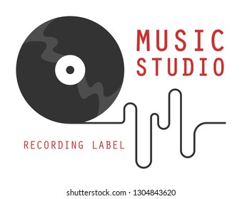 Sound recording studio logo. Music company emblem or logotype. Round shape and wave. Abstract design. Vinyl and equalizer