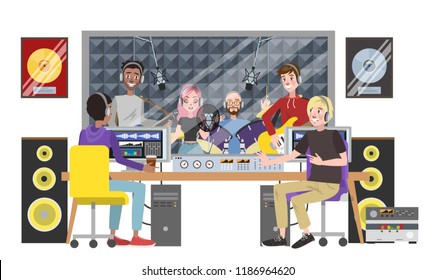 Sound recording studio. Music band playing song in recording room using musical instruments. Woman singing song and men playing guitar and drums. Music recording. Isolated vector flat illustration