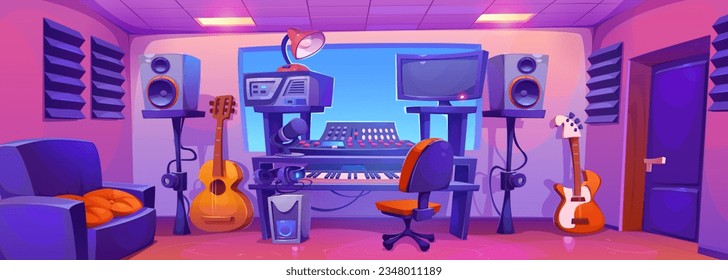 Sound recording studio with musical instruments and equipment. Vector cartoon illustration of professional mixer with control buttons, electric guitars and synthesizer, loudspeakers, computer display