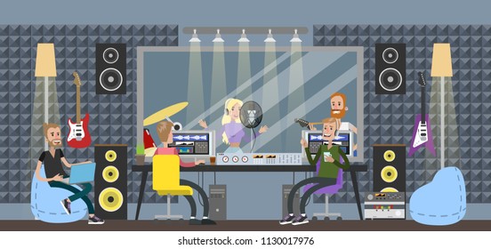 Sound Recording Studio. People Sitting In Control Room With Different Equipment For Capturing, Mixing And Mastering Music. Woman Singing Song And Man Playing Guitar. Music Recording.