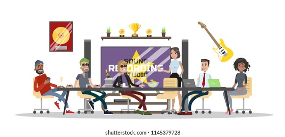 Sound recording studio. People sitting in conference room and chatting with rock singer. Music recording. Isolated vector flat illustration