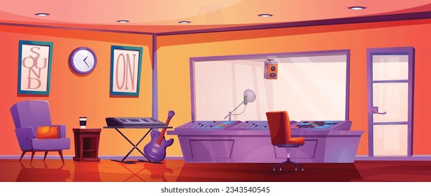 Estudio de grabación de sonido con sintetizador, guitarra y equipo de control de sonido profesional. Ilustración de dibujos animados de una habitación con micrófono detrás del vidrio, mezclador de música con botones y cables, sillón