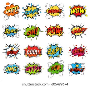 Sound Replicas Or Comic Speech Bubbles For Crash And Wham, Explosion Bang And Boom Message With Bomb, Oops And Oh, Pow And Snap Fighting Clouds, Zap And Omg, Wtf. Onomatopoeic Expressions