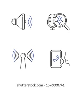 Lineare Icons für Soundanfragen eingestellt. Sprachregelung. Spracherkennungstechnologie. Sprachgesteuerte Apps. Dünne Linienkontursymbole. Abbildungen in der Vektorillustration einzeln. Bearbeitbarer Hub