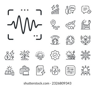 Sound scan sign. Energy, Co2 exhaust and solar panel outline icons. Voice wave line icon. Audio verification symbol. Voice wave line sign. Eco electric or wind power icon. Green planet. Vector