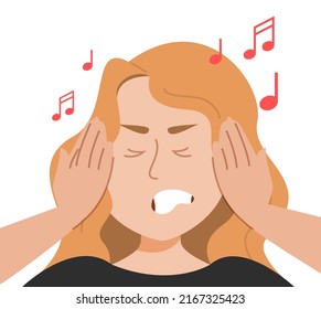 Sound sensitivity vector isolated. Woman covers her ears because of the loud noise. Unhappy person stressed, loud music sounds. Pain in the ears.