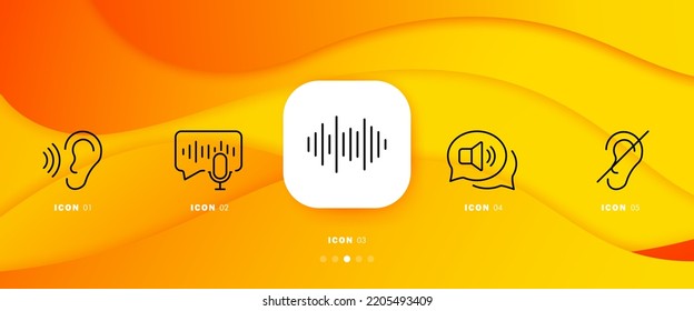 Icono de conjunto de sonido. Oído, oído, oído, masaje de voz, correo, ola, megáfono, volumen, burbuja de voz, tachado. Concepto de comunicación. Línea de tiempo de infografía con iconos y 5 pasos Icono de línea Vector.