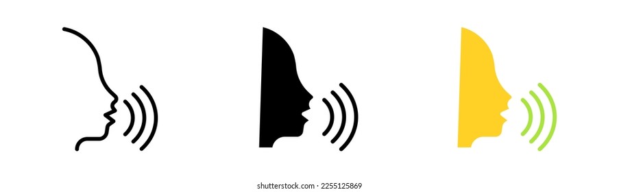 Sound set icon. Speak, ear, hear, be quiet gesture, hearing, voice massage, mail, wave, megaphone, volume. Vector icon in line, black and colorful style on white background