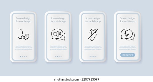 Sound Set Icon. Speaking Man, Ear, Hear, Speech Bubble, Megaphone, Crossed Out, Bad Hearing, Microphone Talk. Communication Concept. UI Phone App Screens. Vector Line Icon For Business And Advertising