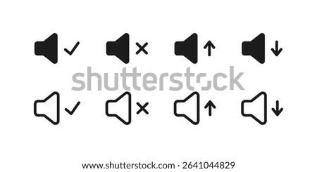 Sound settings icons — mute, volume up and down. Audio control symbols in flat and outline vector style set.