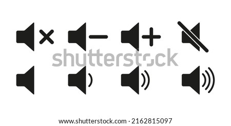 Sound settings set icon. Silent Mode, Quiet, Loud, Max Volume, Plus, Minus, Shout. Volume concept. Vector line icon for Business and Advertising