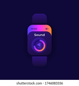 Sound settings smartwatch interface vector template. Mobile app control night mode design. Musical application screen. Flat UI for application. Speaker and volume scale on smart watch display
