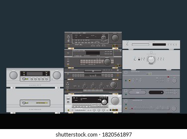 Sound shop. HiFi stereo audio components. Amplifier, receiver, CD-player, sound processor. Vector image for illustrations.