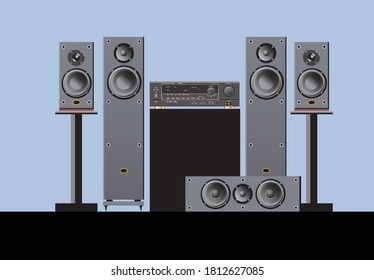 Sound shop. Quality components for quality sound. Acoustic system, amplifier, receiver, subwoofer, home theatre. Vector drawing for prints or illustrations.