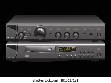 Sound Shop. Quality Components For Quality Sound. Acoustic System, Amplifier, Receiver, Subwoofer, Home Theatre. Vector Drawing For Prints Or Illustrations.