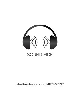Sound Side Logo, Headphone with Sound Signal Illustration Suitable For T-Shirt Graphic, Black and White Audio Logo Design Template