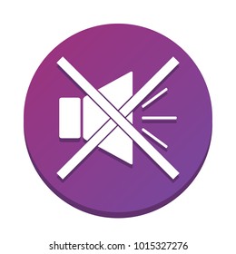 Sound sign illustration with mute mark. Vector. White icon with flat shadow on purpureus circle at white background. Isolated.