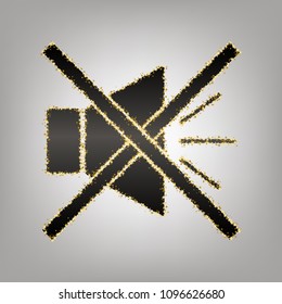 Sound sign illustration with mute mark. Vector. Blackish icon with golden stars at grayish background.