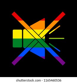 Sound sign illustration with mute mark. Vector. Icon with colors of LGBT flag at black background.
