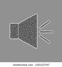 Sound sign illustration with mute mark. Vector. Black maze filled icon with white border at gray background.