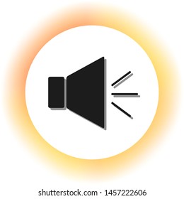 Sound sign illustration with mute mark. Dark icon with shadow on the glowing circle button. Illustration.