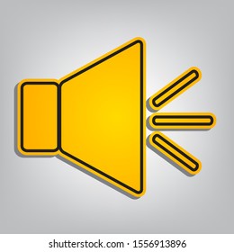 Sound sign illustration with mute mark. Flat orange icon with overlapping linear black icon with gray shadow at whitish background. Illustration.
