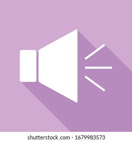 Sound sign illustration with mute mark. White Icon with long shadow at purple background. Illustration.