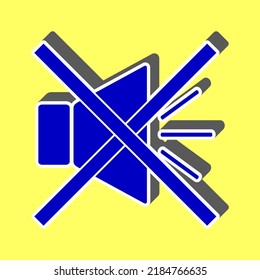 Sound sign illustration with mute mark. Blue Icon with white stroke in 3d at yellow Background. Illustration.