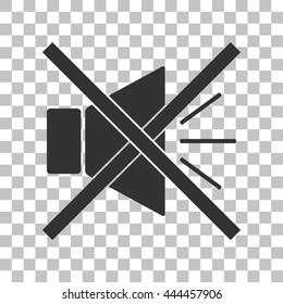 Sound sign illustration with mute mark. Dark gray icon on transparent background.