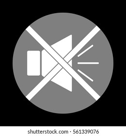 Sound sign illustration with mute mark. White icon in gray circle at black background. Circumscribed circle. Circumcircle.