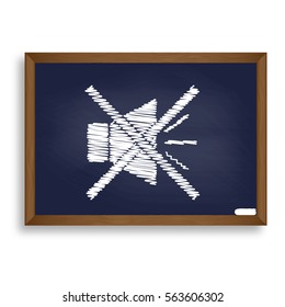 Sound sign illustration with mute mark. White chalk icon on blue school board with shadow as background. Isolated.