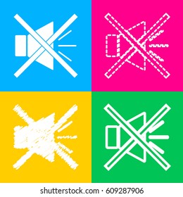 Sound sign illustration with mute mark. Four styles of icon on four color squares.