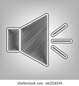 Sound sign illustration with mute mark. Vector. Pencil sketch imitation. Dark gray scribble icon with dark gray outer contour at gray background.