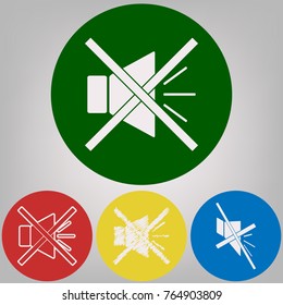 Sound sign illustration with mute mark. Vector. 4 white styles of icon at 4 colored circles on light gray background.