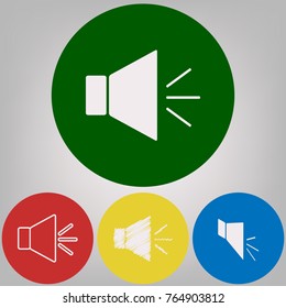 Sound sign illustration with mute mark. Vector. 4 white styles of icon at 4 colored circles on light gray background.