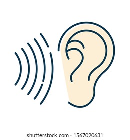 Sound signal color icon. Audible soundwave idea. Listening ear. Loud noise perception. Voice call, sound susceptibility. Hearing ability. Hearable audio signal. Isolated vector illustration