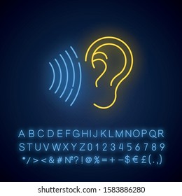 Sound signal neon light icon. Audible soundwave. Listening ear. Loud noise perception. Voice call, sound susceptibility. Glowing sign with alphabet, numbers and symbols. Vector isolated illustration