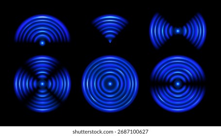 Efeito de vetor de sinal sonoro. Onda de radar wifi. Conjunto de elementos de design de luz radial azul
