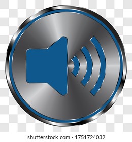 Sonido simple vector de icono en el botón de redondeo de metal. Cuadrícula transparente