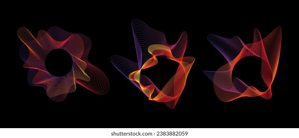 Sound smooth waves of shapes of different shapes, Set Equalizer rainbow color gradient. Vector geometric shapes isolated on black background.