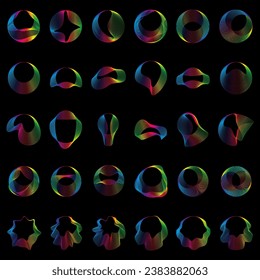 Geräumige Wellen verschiedener Formen, Farbverlauf für den Regenbogen festlegen. Vektorgeometrische Formen einzeln auf schwarzem Hintergrund.