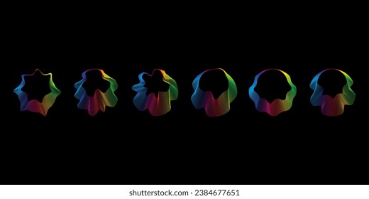 Sound smooth waves of shapes of different shapes, Set Equalizer rainbow color gradient. Vector geometric shapes isolated on black background.