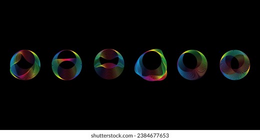 Sound smooth waves of shapes of different shapes, Set Equalizer rainbow color gradient. Vector geometric shapes isolated on black background.