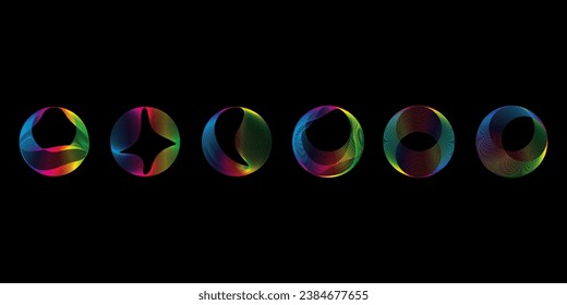 Sonar ondas suaves de formas de diferentes formas, Establecer degradado de color arco iris ecualizador. Formas geométricas vectoriales aisladas en el fondo negro.