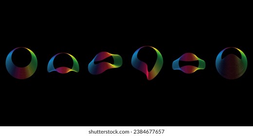 Sound smooth waves of shapes of different shapes, Set Equalizer rainbow color gradient. Vector geometric shapes isolated on black background.