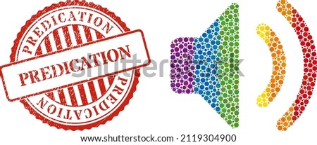 Sound source composition icon of filled circles in different sizes and rainbow bright color tints. Red rounded rubber seal stamp with Predication message.