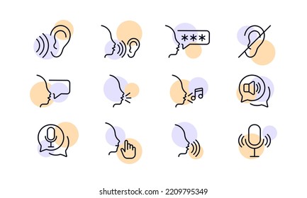 Sound sources set icon. Ear, hear, speak, talk, crossed out, poor hearing, speech bubble, music note, sing a song, megaphone, microphone, be quiet. Society concept. Vector line icon for Business.