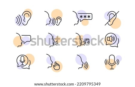 Sound sources set icon. Ear, hear, speak, talk, crossed out, poor hearing, speech bubble, music note, sing a song, megaphone, microphone, be quiet. Society concept. Vector line icon for Business.