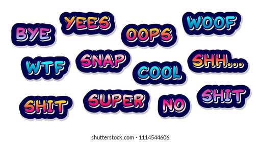Sound speach effect bubbles set. Vector cartoon illustration isolated on white background. Sound balloons with Lettering. Expression bye, wtf, shit, yees, snap, super, oops, cool, no, woof shh shit!